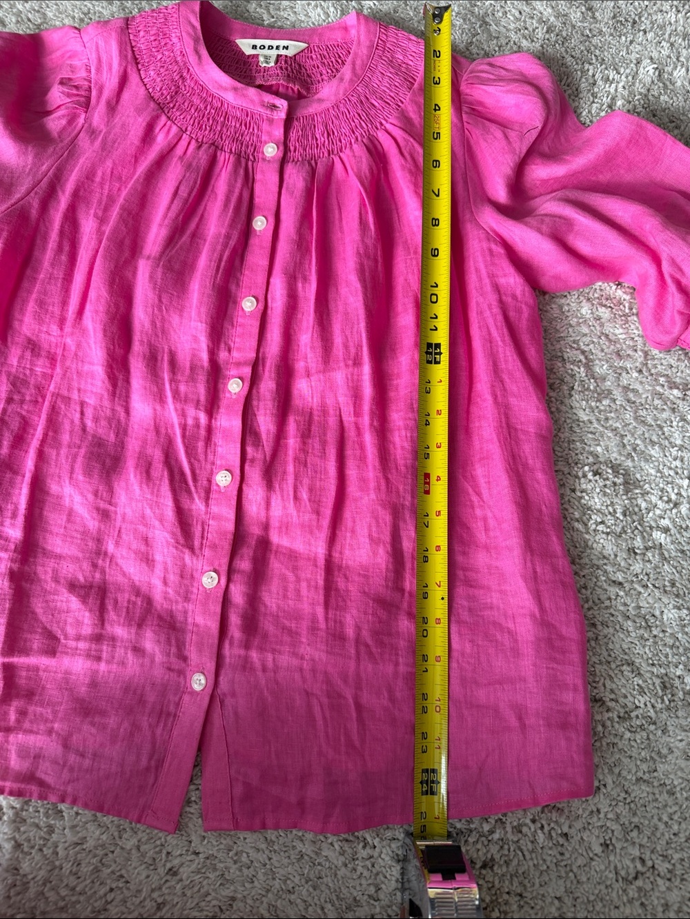 Boden Bright Pink Smocked Linen Button-Down Blouse - Picture 7 of 8